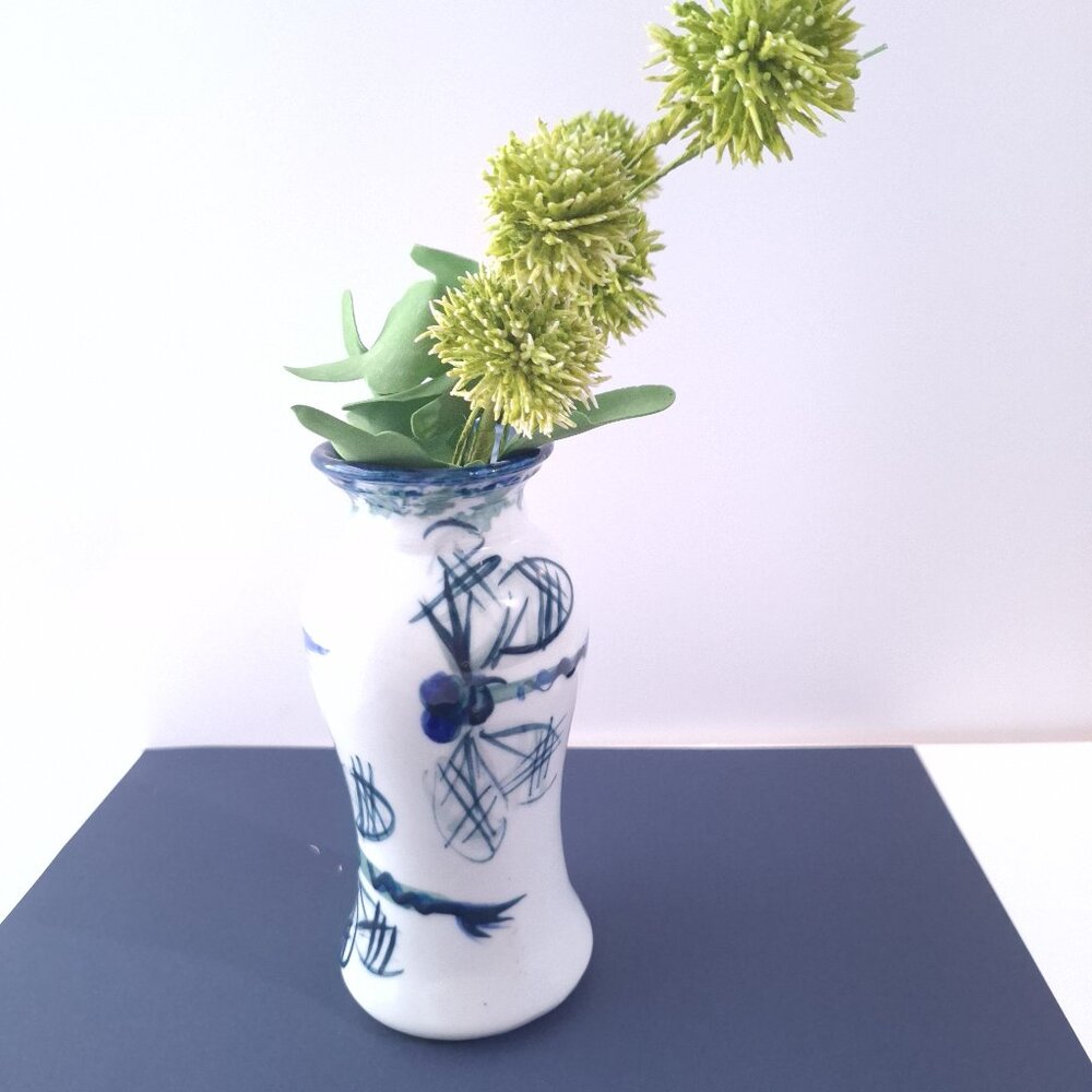 Vintage Blue and White Bud Vase | Floral Porcelain Mini Cottagecore Home Decor